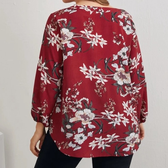 Boho plus size floral tie neck blouse - Picture 2 of 5